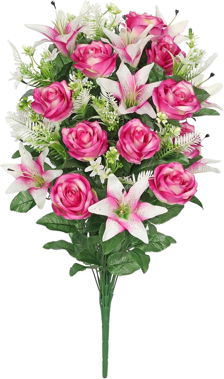 Memorial Day Flowers for Cemetery, 36 Stems Realistic Mixed Rose Lilies Artificial Flowers Bouquet Bush,Cemetery Flowers for Grave, 25.9 in. Sympathy Silk Cemetery Flowers